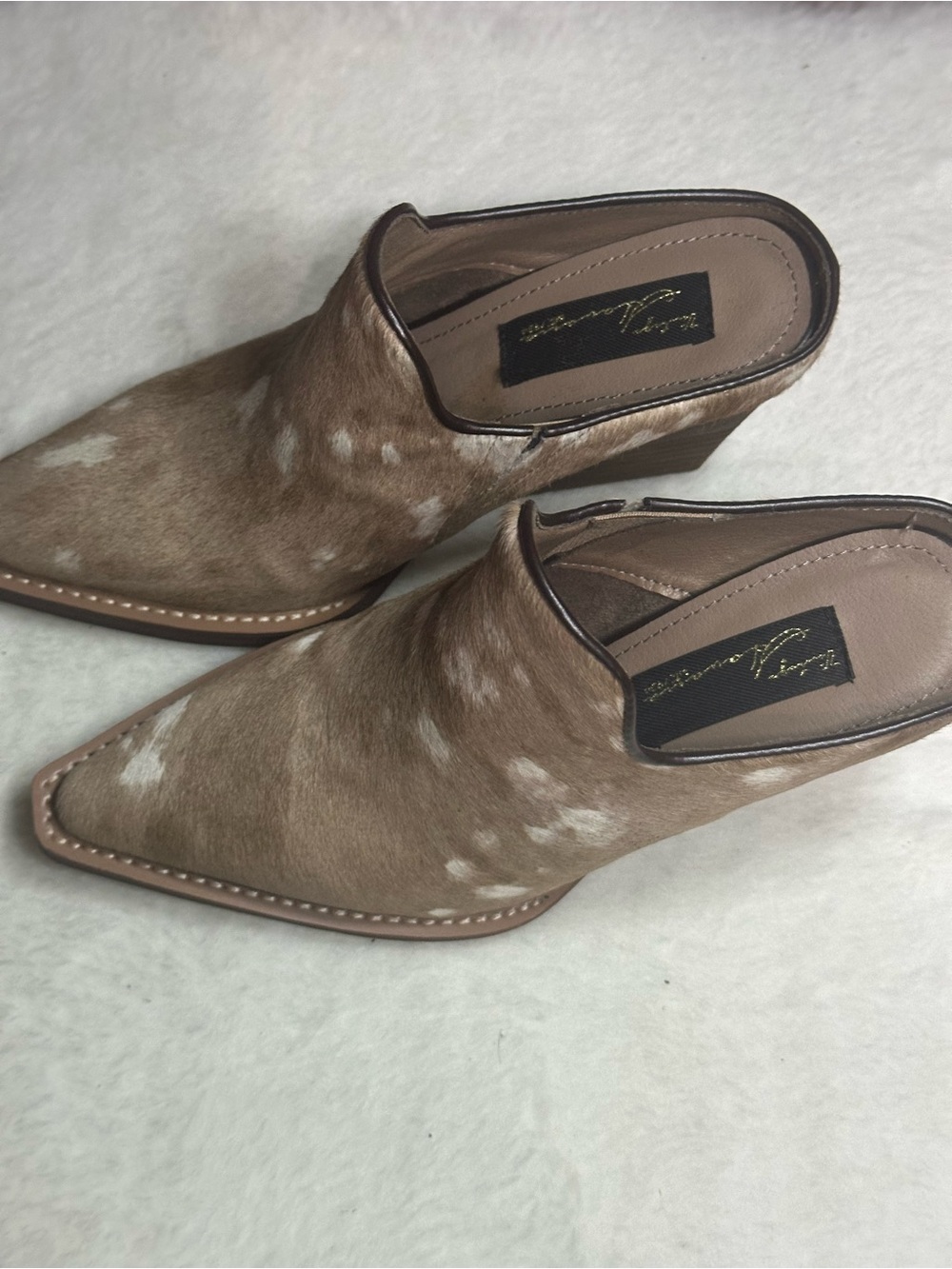 Women's Brown Haircalf Pointed Mule Heels